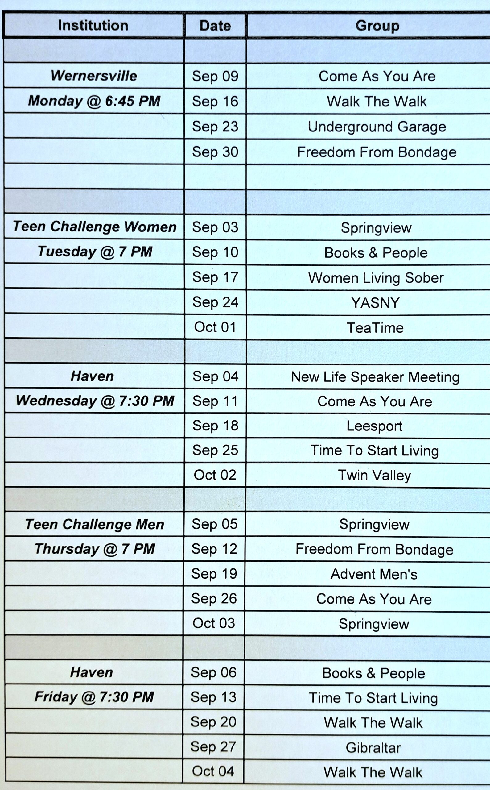 September Institutions Schedule