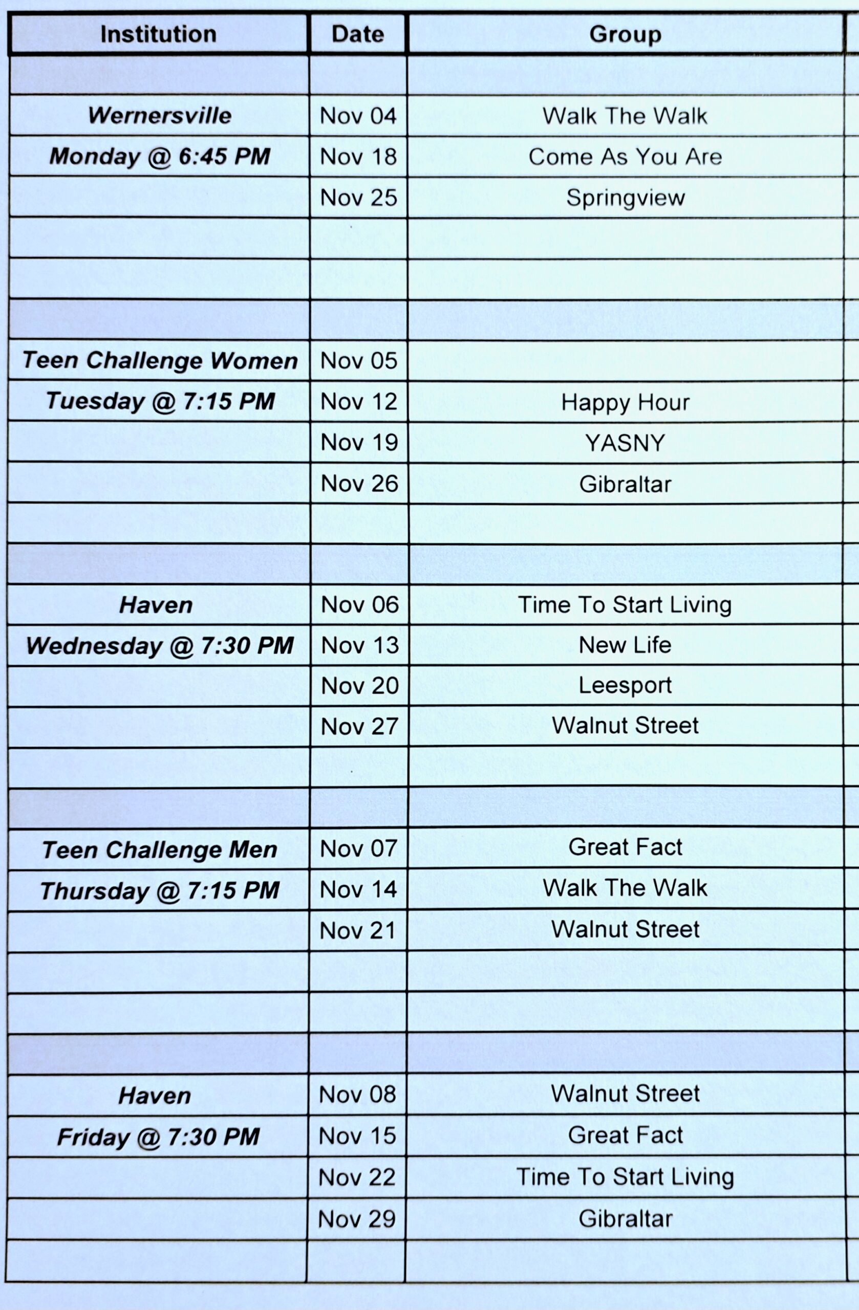 November Institution Commitments