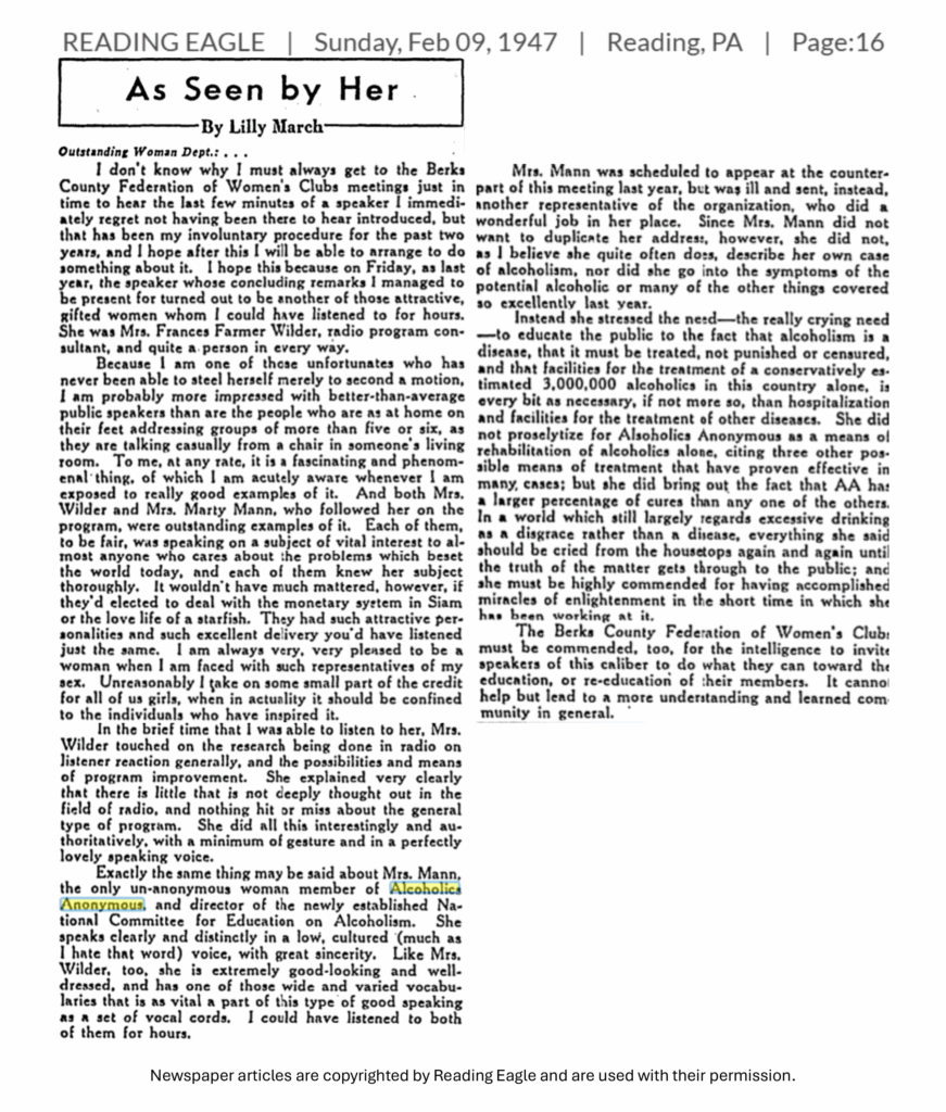 A newspaper clipping from 1947